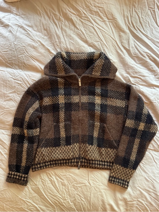 Zara Sweaters - Zara Brown Plaid Knit Zip-Up jacket